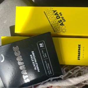 Starface clear as day sunscreen and black star pimple patches